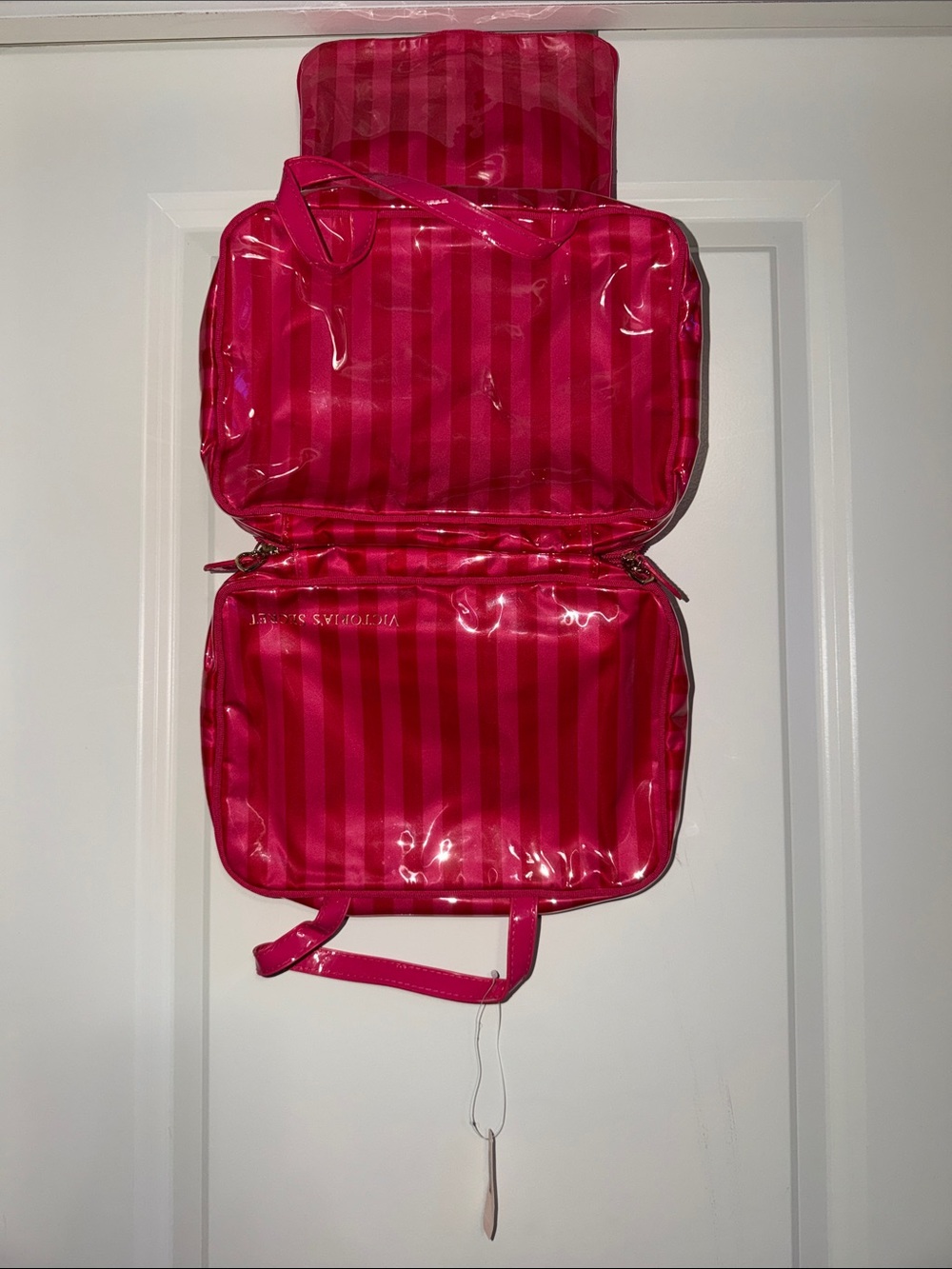 Brand New!!!Victoria's Secret Bright Pink Striped Clear Cosmetic Travel Case!🔥🔥🔥